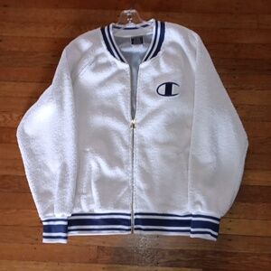 Champion White Sherpa Bomber Jacket with Navy Trim
